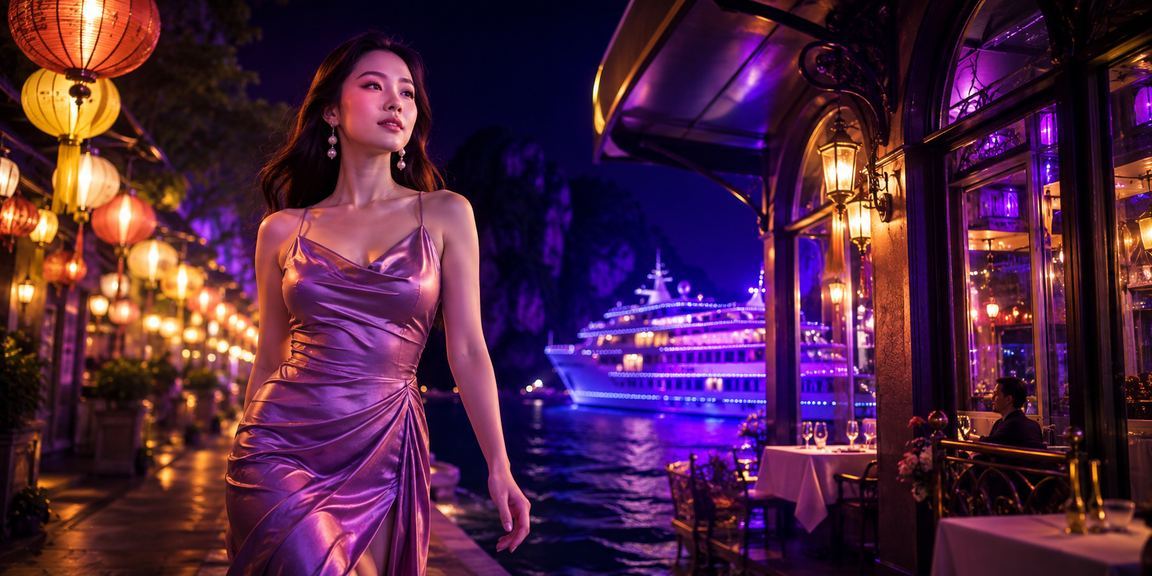 Phong cảnh Hạ Long Bay kết hợp hình ảnh người dùng Việt Nam xem khuyến mãi trực tuyến bên ly cà phê